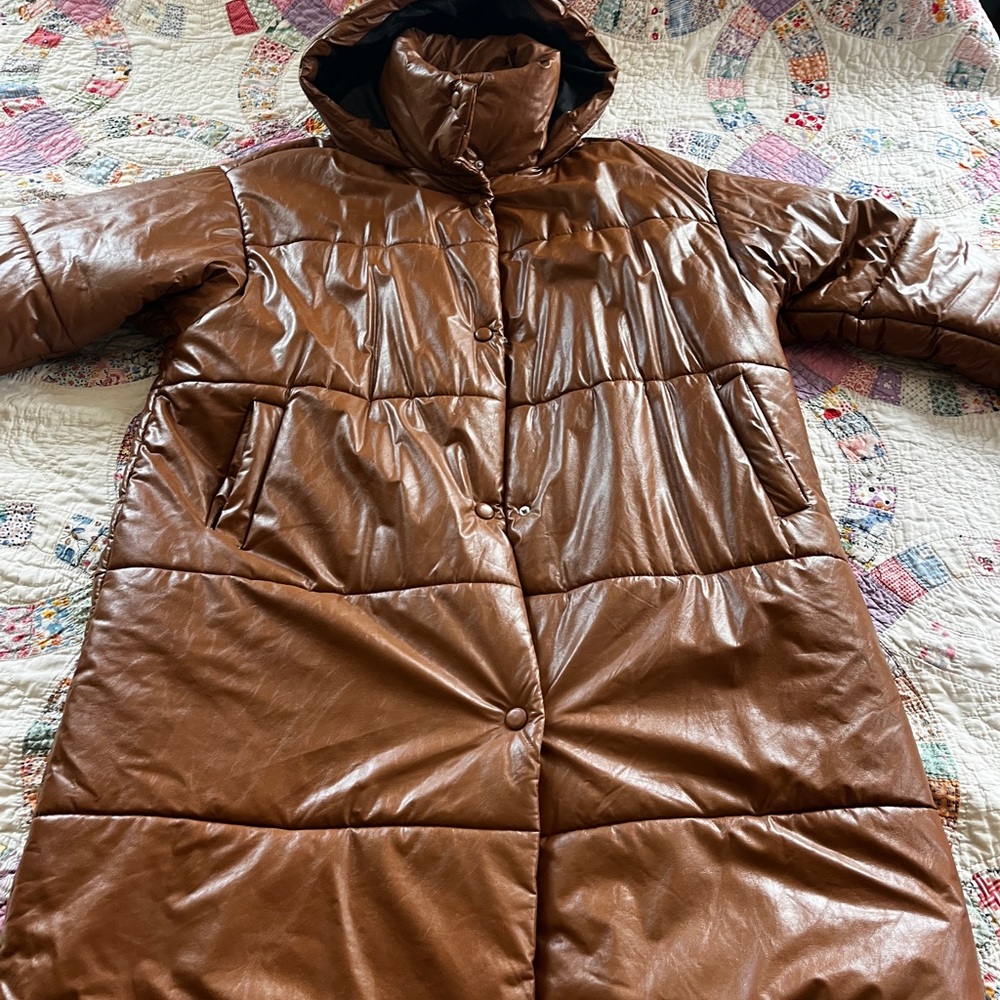 Urban Outfitters Faux Leather Brown Puffer Coat